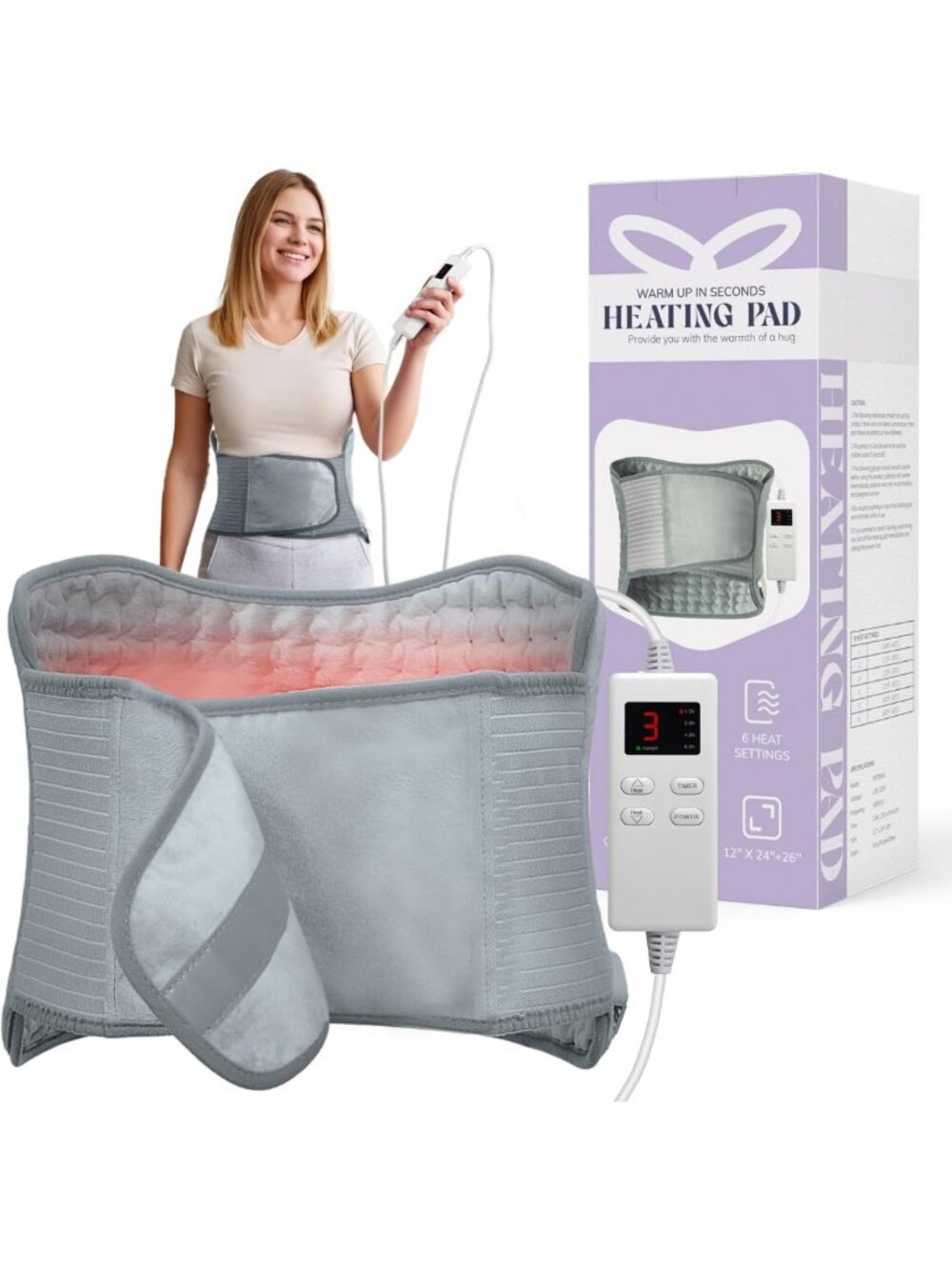 Large Electric Heating Pad for Back & Neck Pain Relief, 6 Heat Settings, Auto